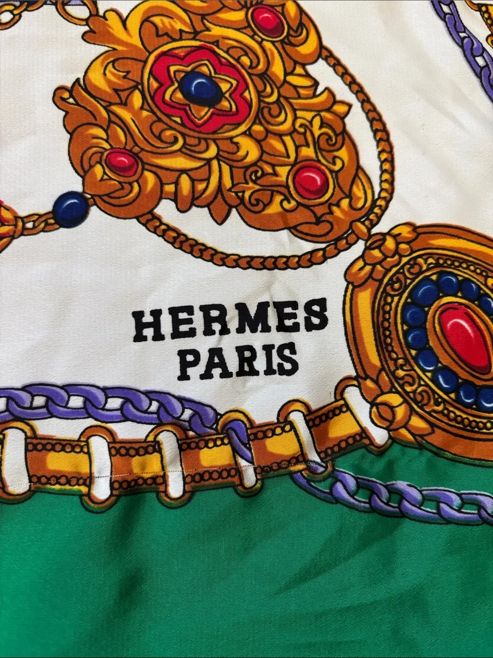 Hermes Paris Green Red White Gold Printed Silk Scarf - Picture 2 of 2